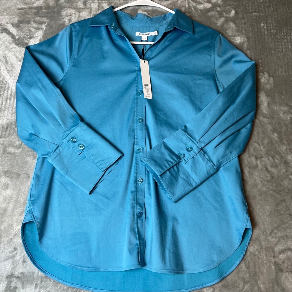 Chicos No Iron Stretch Solid Shirt Cool Water Blue 3/4 Sleeve Womens Size 0 US 4